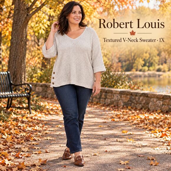 Robert Louis Sweaters - Robert Louis 1X Oatmeal Textured V Neck Sweater Tunic Button Detail